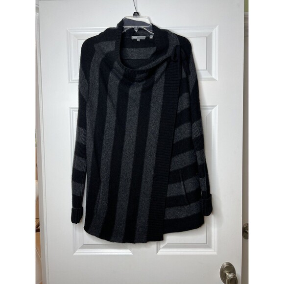 Vince Cashmere Blend Black Stripe Knit Wrap Cowl Neck Cardigan Sweater Size S - Picture 2 of 12